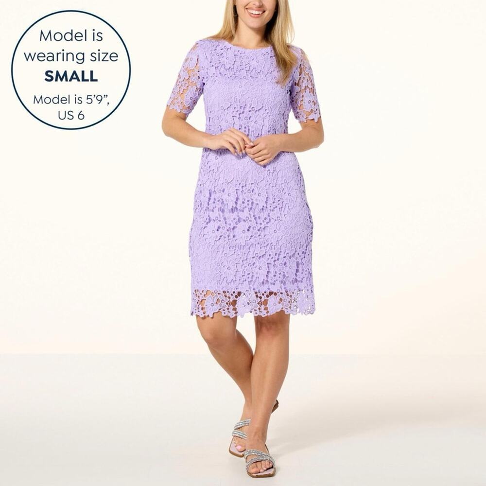 Nina Leonard purple scallop hem lace knee length sheath dress size small S
 b53